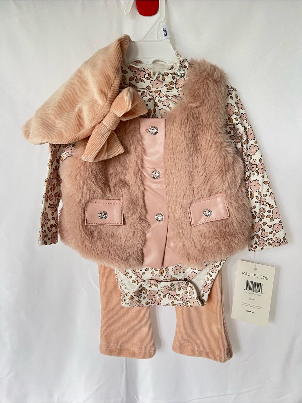 Rachel Zoe Pink Faux Fur Vest Set w/ Corduroy Pants, Floral Bodysuit & Beret NWT